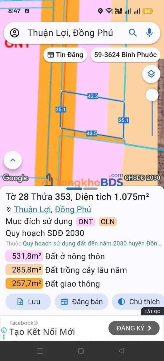 Đất vườn Bù Xăng Đồng Phú 1075m2 - Xây dựng tự do