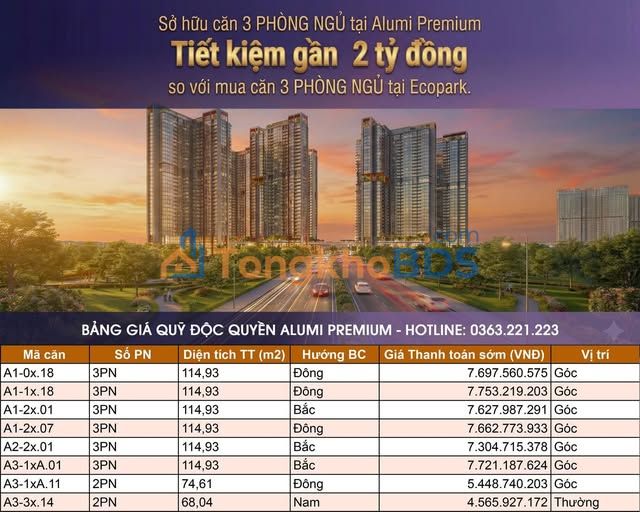 Căn hộ ALUMI PREMIUM Văn Giang 115m2 7.7 tỷ - View đẹp