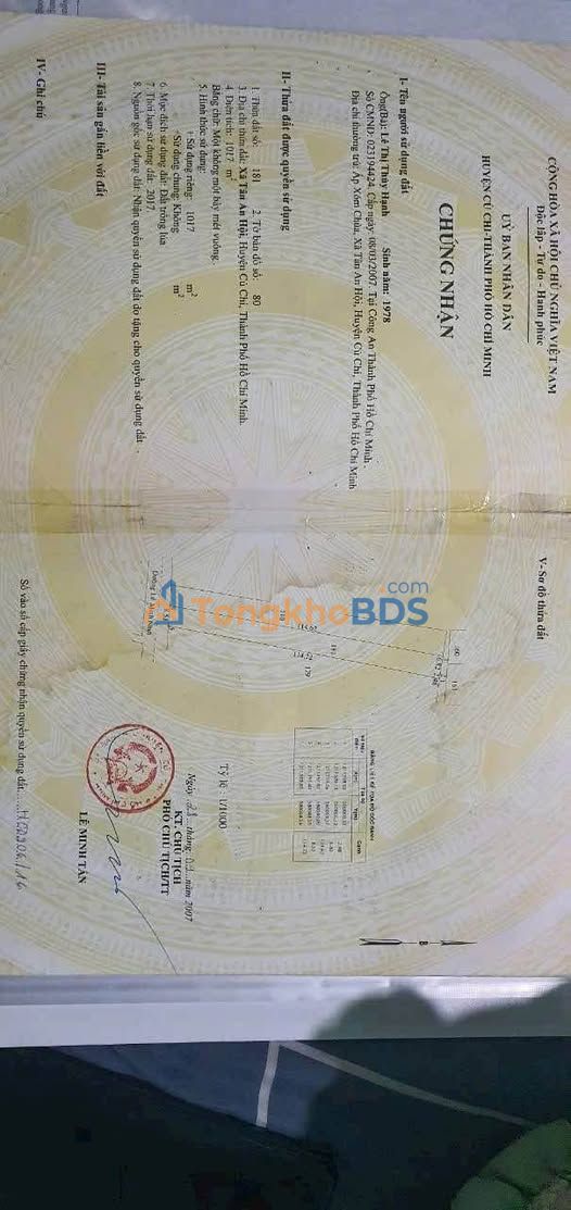 Đất nền mặt tiền Lê Minh Nhật Củ Chi 1017m² pháp lý rõ ràng