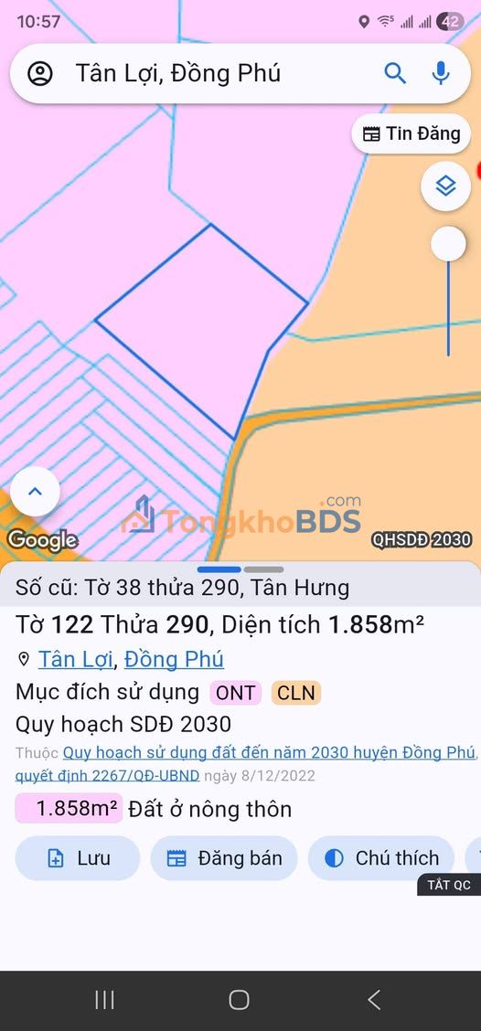 Đất nền Tân Hưng, Đồng Phú 2000m² giá 1.3 tỷ - Sổ đỏ chính chủ