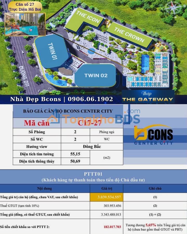 Căn hộ Bcons Center City Dĩ An 55m² 3.343 tỷ - View hồ bơi đẹp!