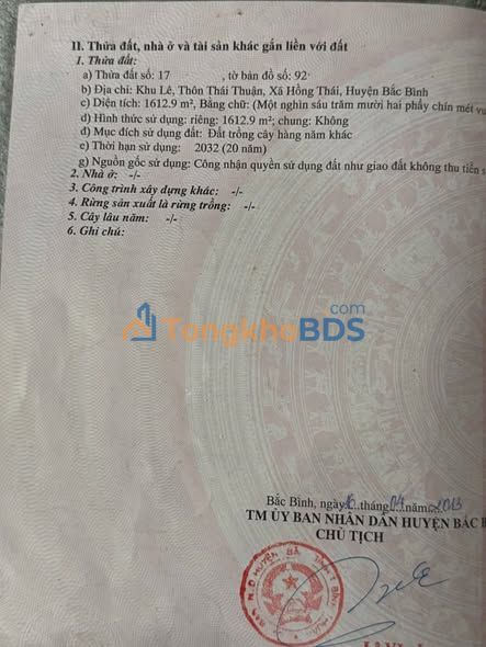 Đất nền Hồng Thái Bắc Bình 1612m² - Pháp lý rõ ràng