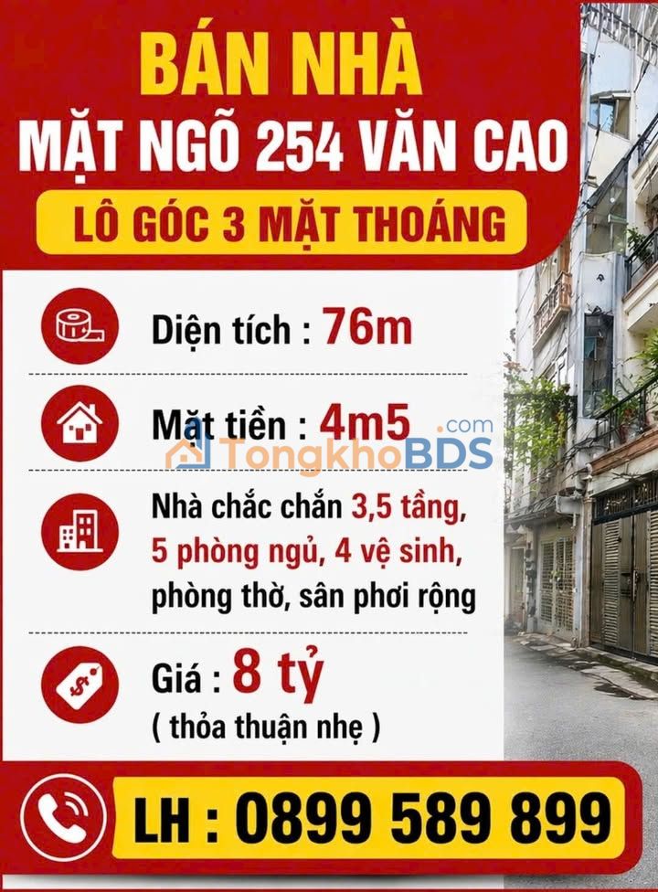 Nhà lô góc ngõ 254 Văn Cao 76m² 8 tỷ, ô tô tránh