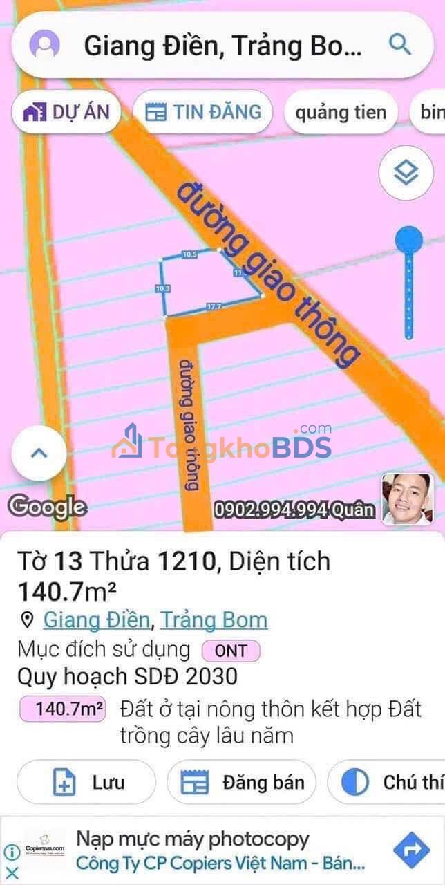Đất nền Giang Điền Trảng Bom 140m² 999 triệu - Đất thổ cư 100%
