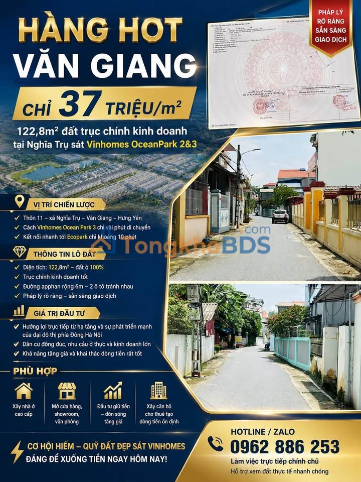 Đất nền Nghĩa Trụ Văn Giang 123m² giá 4.55 tỷ - Sổ đỏ chính chủ